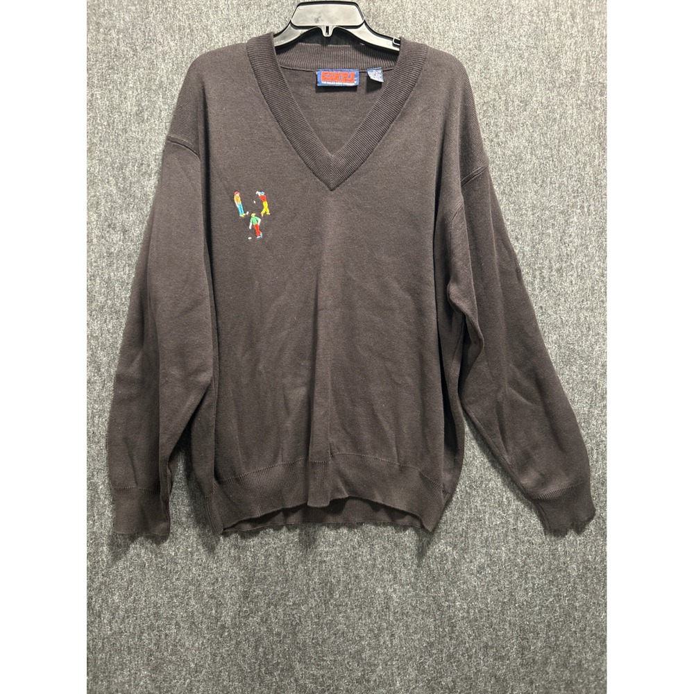 VTG Pivot Rules Golf Sweater Mens XL Brown V-Neck Embroidered Cotton Knit Retro